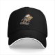Black baseball cap with cartoon duck riding a rocket launch design