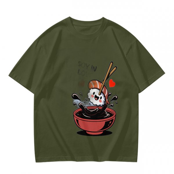 Olive T-shirt with Cute Sushi Dipping in Soy Sauce Graphic