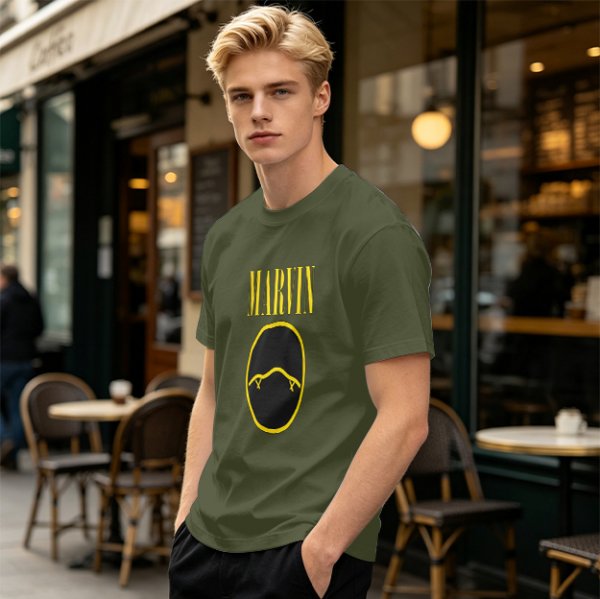 Olive T-Shirt with Marvin Text and Simple Face Graphic