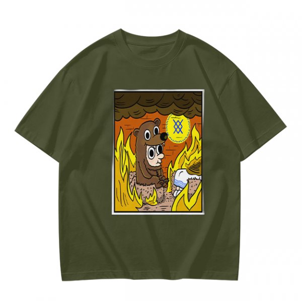 Olive T-shirt with Cartoon Bear Costume Figure in Flames Art