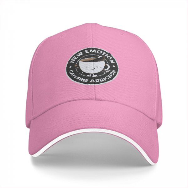Black baseball cap with 'New Emotion Caffeine Addiction' coffee cup graphic