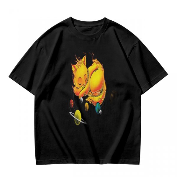 Olive T-Shirt With Sleeping Cosmic Cat And Planets Graphic