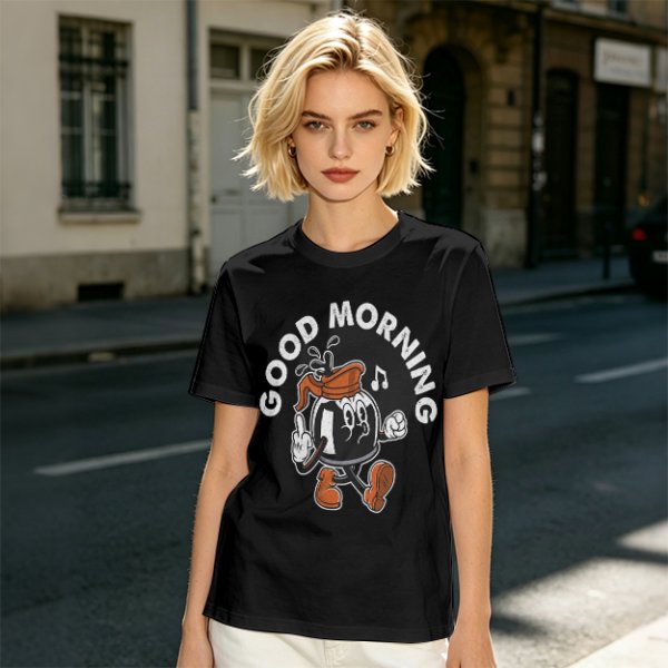 Olive t-shirt with retro coffee pot cartoon and Good Morning text
