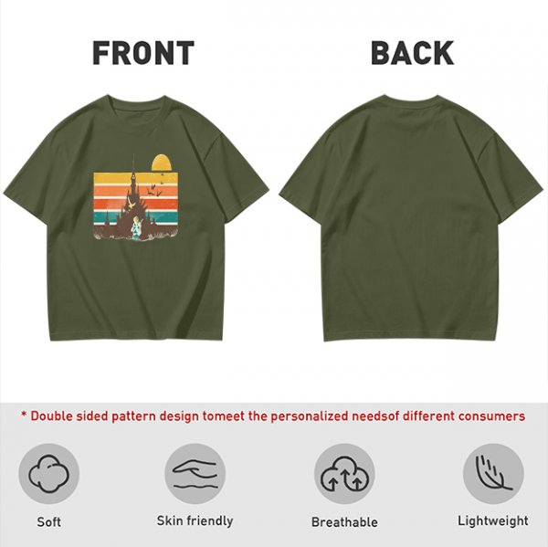 Olive T-Shirt With Retro Sunset Fantasy Castle Graphic