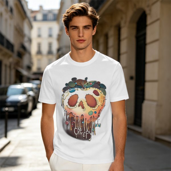 Olive Green T-Shirt With Creepy Melting Skull Apple Graphic
