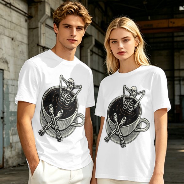 Olive T-shirt with skeleton relaxing in coffee cup graphic