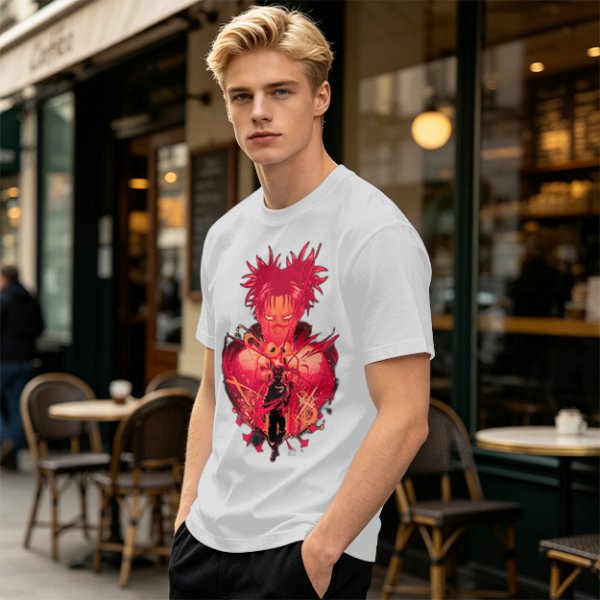 Olive Anime Graphic T-Shirt With Spiky Red Haired Character Art