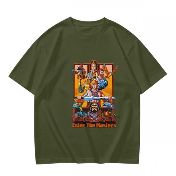 Olive green t-shirt with Masters of the Universe graphic print