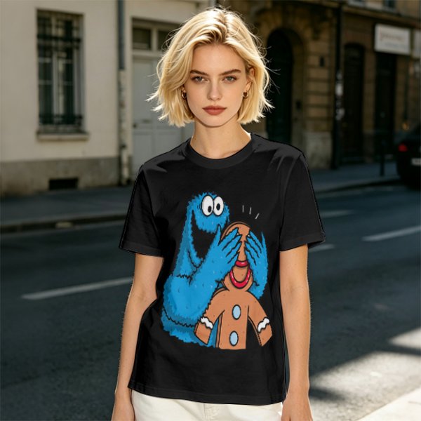 Olive T-shirt with Cookie Monster covering gingerbread man’s eyes