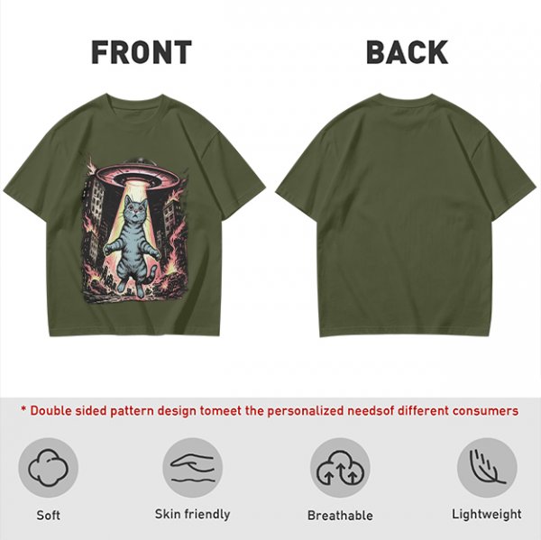 Olive T-Shirt with UFO Abducting Cat Over Burning City