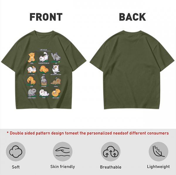 Olive Green T-Shirt With Cute Cat Yoga Pose Illustrations