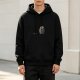 Black hoodie with cartoon chubby suited character graphic