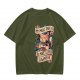 Olive t-shirt with a cat wizard making coffee disappear magic trick print