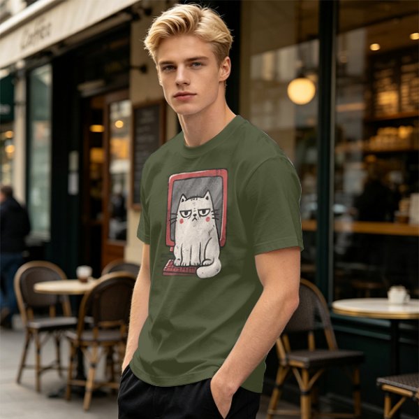 Olive T-shirt with Grumpy Cat on Retro Computer Print