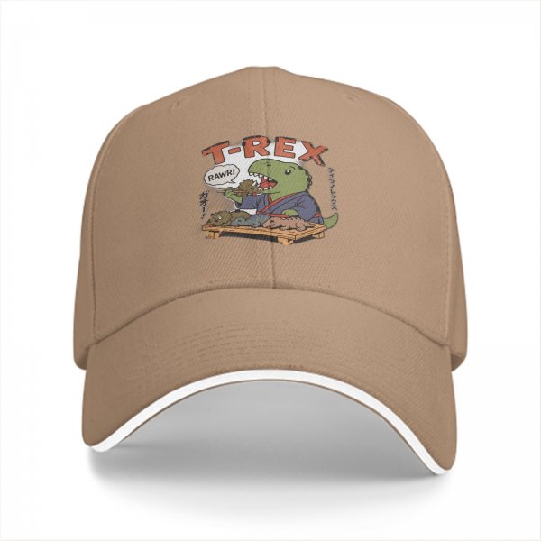 Black baseball cap with T-Rex sushi chef graphic and RAWR text