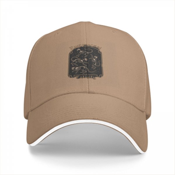 Black baseball cap with paranormal cat skeleton graphic design