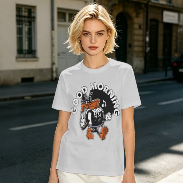 Olive t-shirt with retro coffee pot cartoon and Good Morning text
