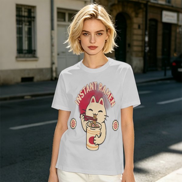 Olive green t-shirt with a cartoon cat eating instant ramen