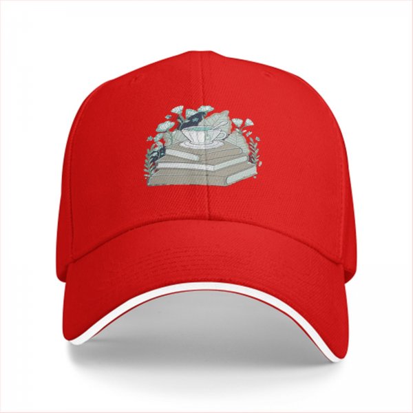 Black baseball cap with teacup on books and botanical print