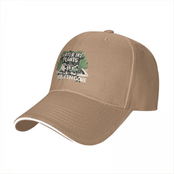 Black baseball cap with 'Water My Plants When I'm Gone' skull and plant graphic