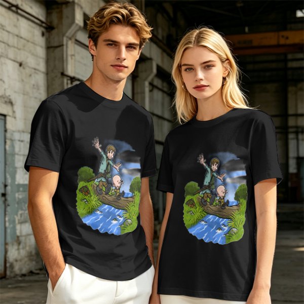 Olive T-shirt with Cartoon Boys Balancing on Log Over Stream