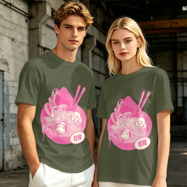 Oversized dark green t-shirt with cute pink ramen bowl graphic