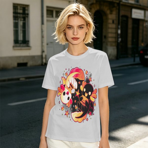 Olive T-Shirt with Halloween Axolotl Candy Corn Art