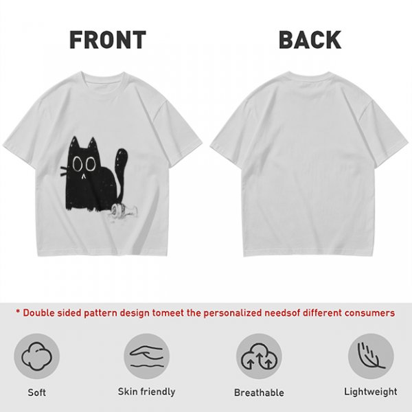 Oversized Army Green T-Shirt With Surprised Black Cat Graphic