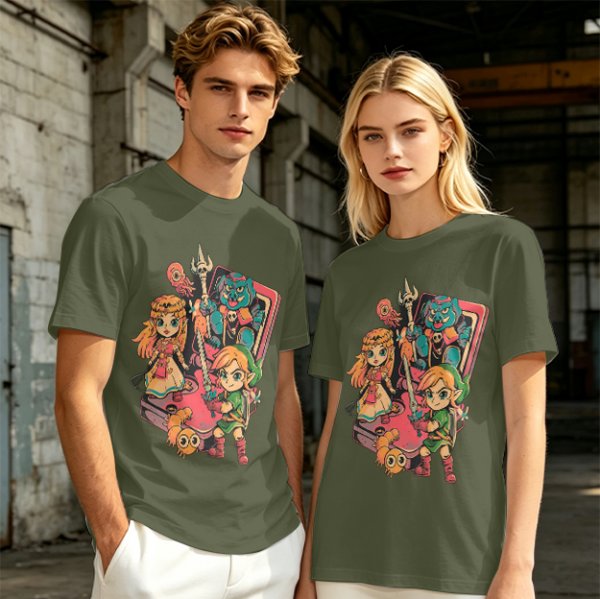 Olive t-shirt with The Legend of Zelda retro game characters print