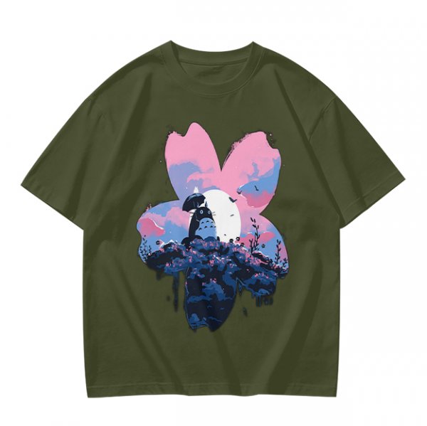 Olive T-Shirt with Sakura Flower and Whimsical Forest Creature Print