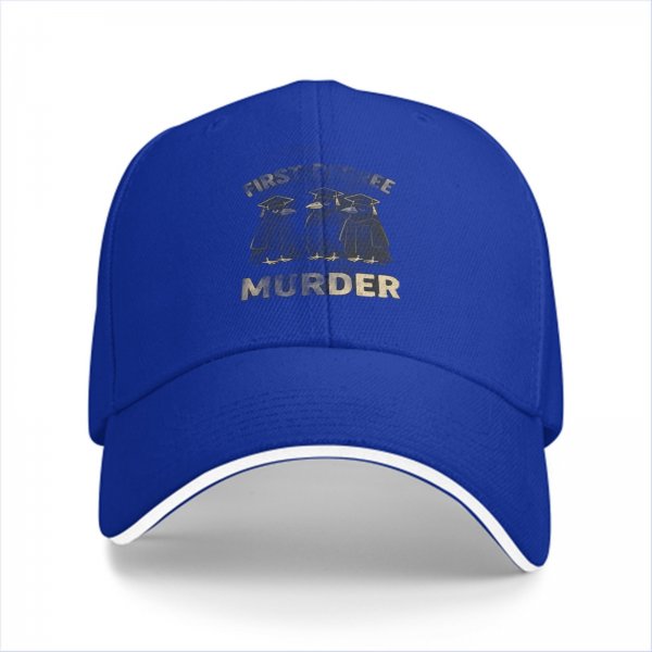 Black baseball cap with 'First Three Murder' and graduation penguins graphic