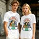 Olive green t-shirt with cat coffee cup graphic and playful text design