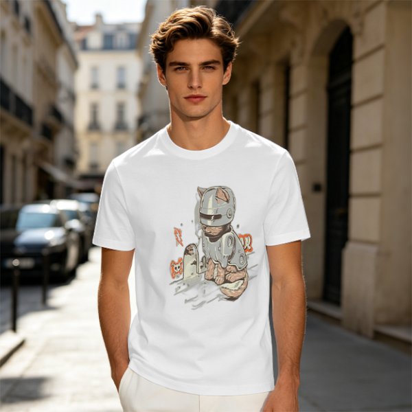 Olive Green T-Shirt With Cat In Robot Helmet Graphic Print