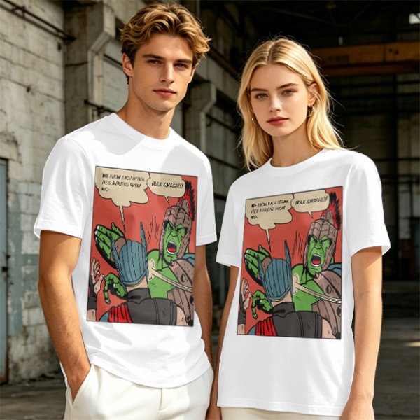 Olive t-shirt with comic print of Hulk and Thor mid-smashed interaction