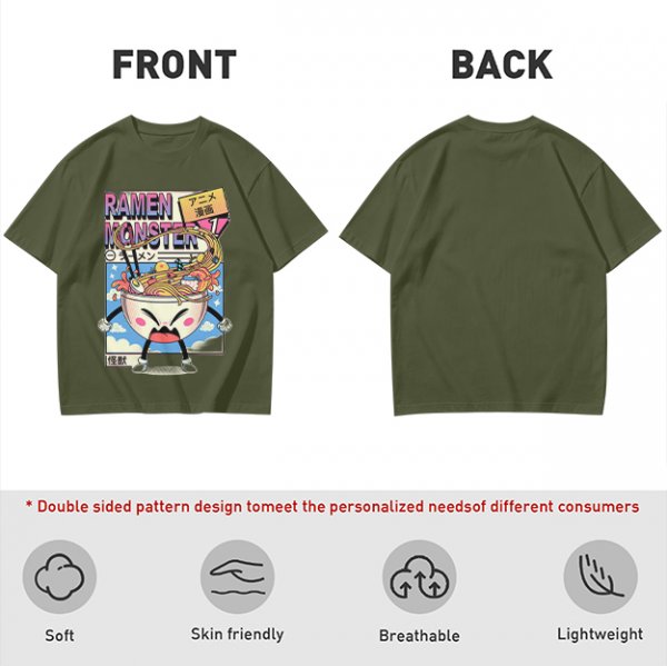 Olive green t-shirt with ramen monster anime graphic print