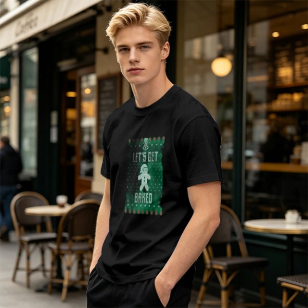 Olive Christmas T-Shirt With 'Let's Get Baked' Gingerbread Man Print
