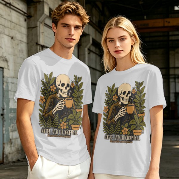 Skeleton with Coffee and Plants T-Shirt Graphic