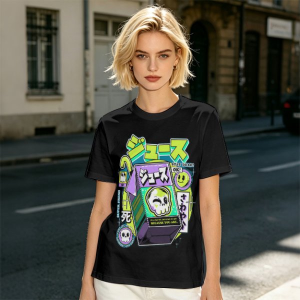 Olive T-shirt with spooky juice box graphic and playful skull art