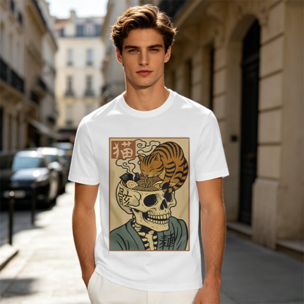 Olive t-shirt with a skull ramen bowl and a napping tabby cat print