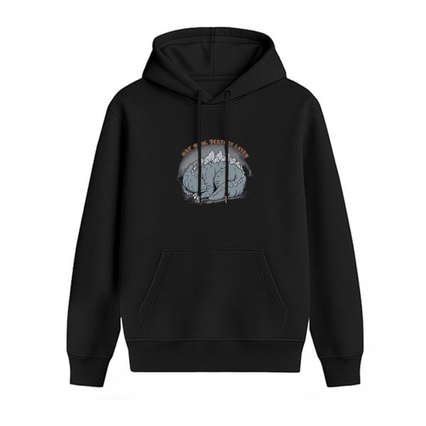 Black hoodie with sleeping monster graphic and text design