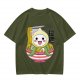 Owl-like character in ramen bowl graphic olive green t-shirt