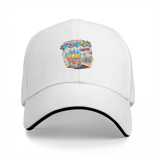 Black baseball cap with kawaii skull bubble tea graphic print