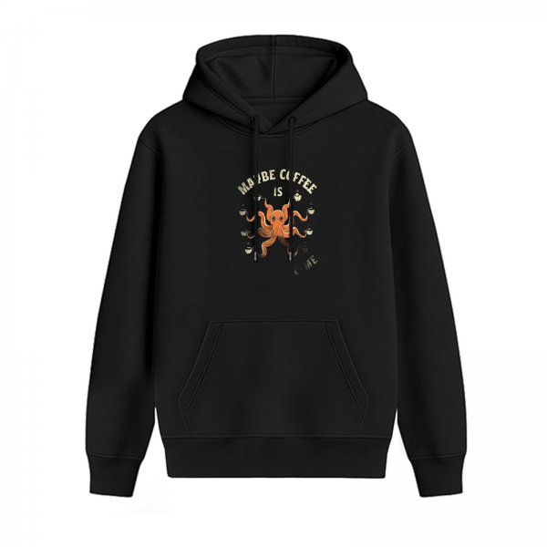 Black hoodie with octopus and coffee themed graphic print