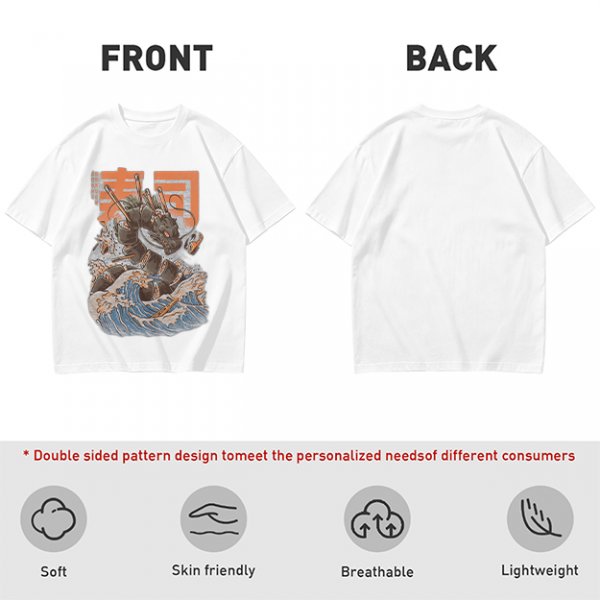 Olive T-shirt with Sushi Dragon Wave Graphic Print