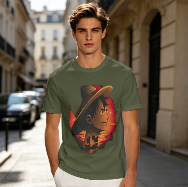 Olive T-Shirt Featuring Monkey D. Luffy Sunset Pirate Ship Art