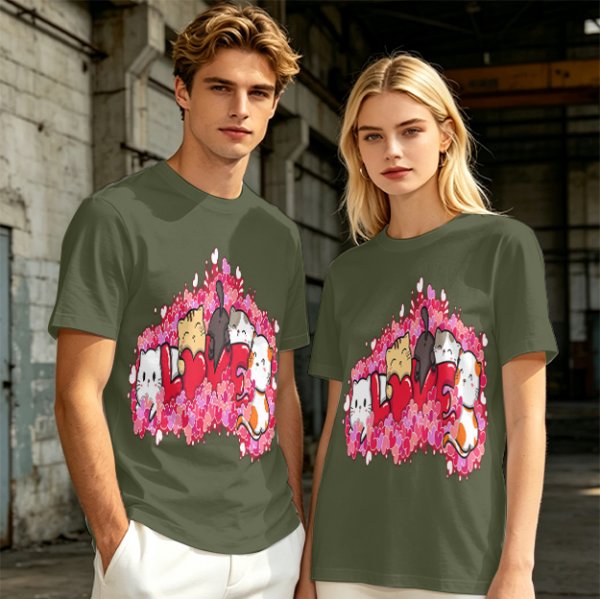 Olive green t-shirt with cute cats and love hearts graphic