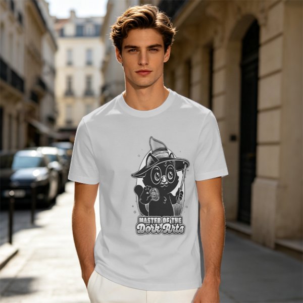 Olive T-Shirt with Black Cat Wizard 'Master of the Dork Arts' Print