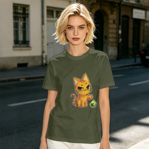 Olive T-shirt with mischievous orange cat knocking over green cup print