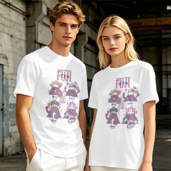 Olive green t-shirt with playful Mount Fuji character graphic print