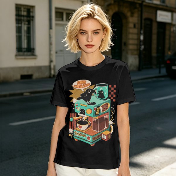 Strong Coffee Club Crow Espresso Machine T-Shirt Art